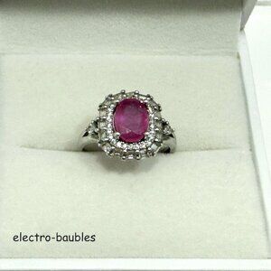 Natural Pink Ruby & Topaz Halo Statement Ring .925 Sterling Silver Sz 7.25 - NIB